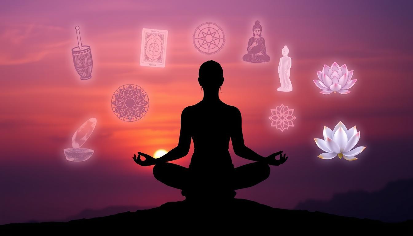 Person meditating at sunset with various spiritual symbols floating around them, representing eclectic spirituality and non-dogmatic paths