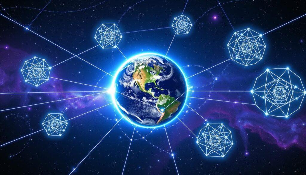 Conceptual illustration of Earth's consciousness connecting to galactic networks Conceptual illustration of Earth's consciousness connecting to galactic networks