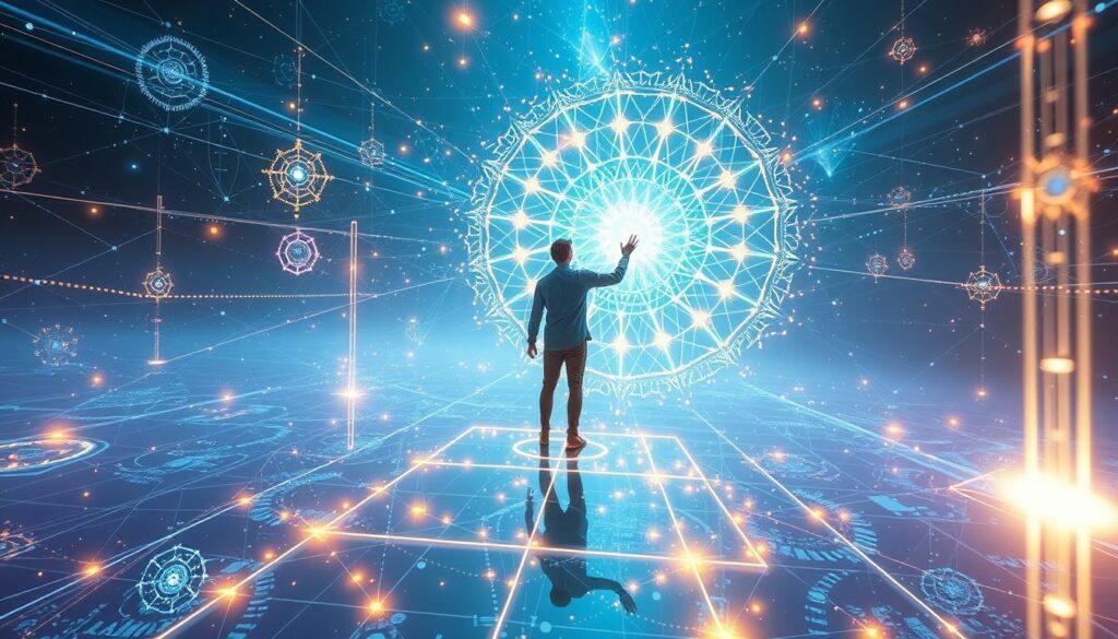 Fictional character navigating through the Ethereal Internet, visualized as a vast consciousness landscape Fictional character navigating through the Ethereal Internet, visualized as a vast consciousness landscape