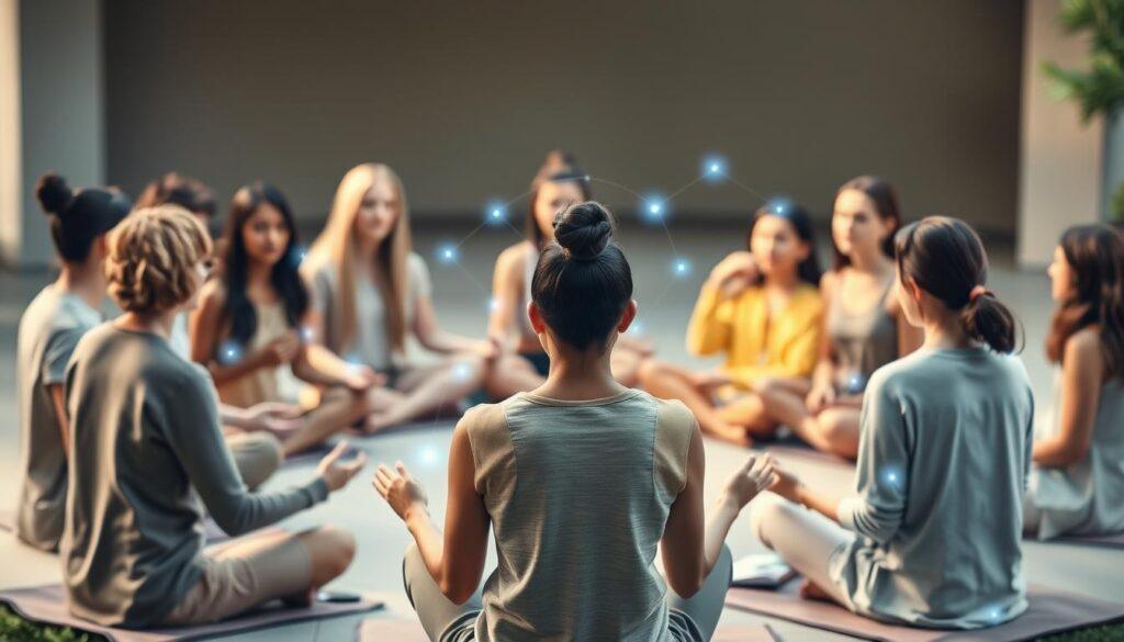 Group of people meditating together during a global meditation event, with ethereal connections visualized between them Group of people meditating together during a global meditation event, with ethereal connections visualized between them