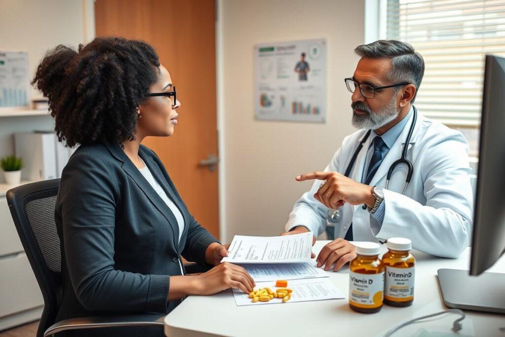 Person discussing vitamin D supplementation with a healthcare provider, reviewing test results and supplement options