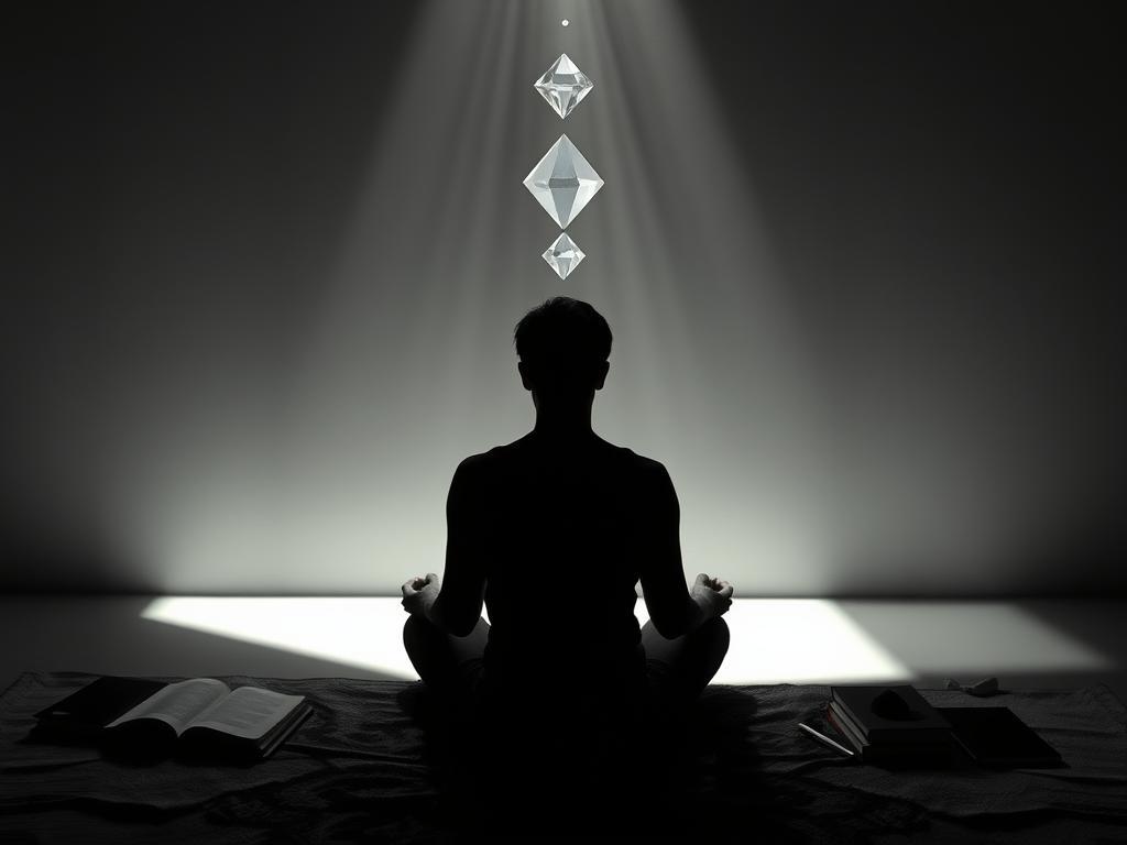Person engaged in shadow work, integrating aspects of self to achieve Diamond Consciousness Person engaged in shadow work, integrating aspects of self to achieve Diamond Consciousness