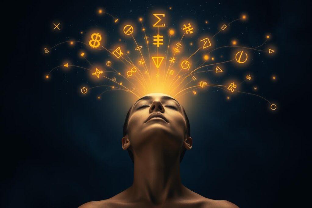 Person experiencing a spontaneous knowledge download, depicted with light entering their mind Person experiencing a spontaneous knowledge download, depicted with light entering their mind