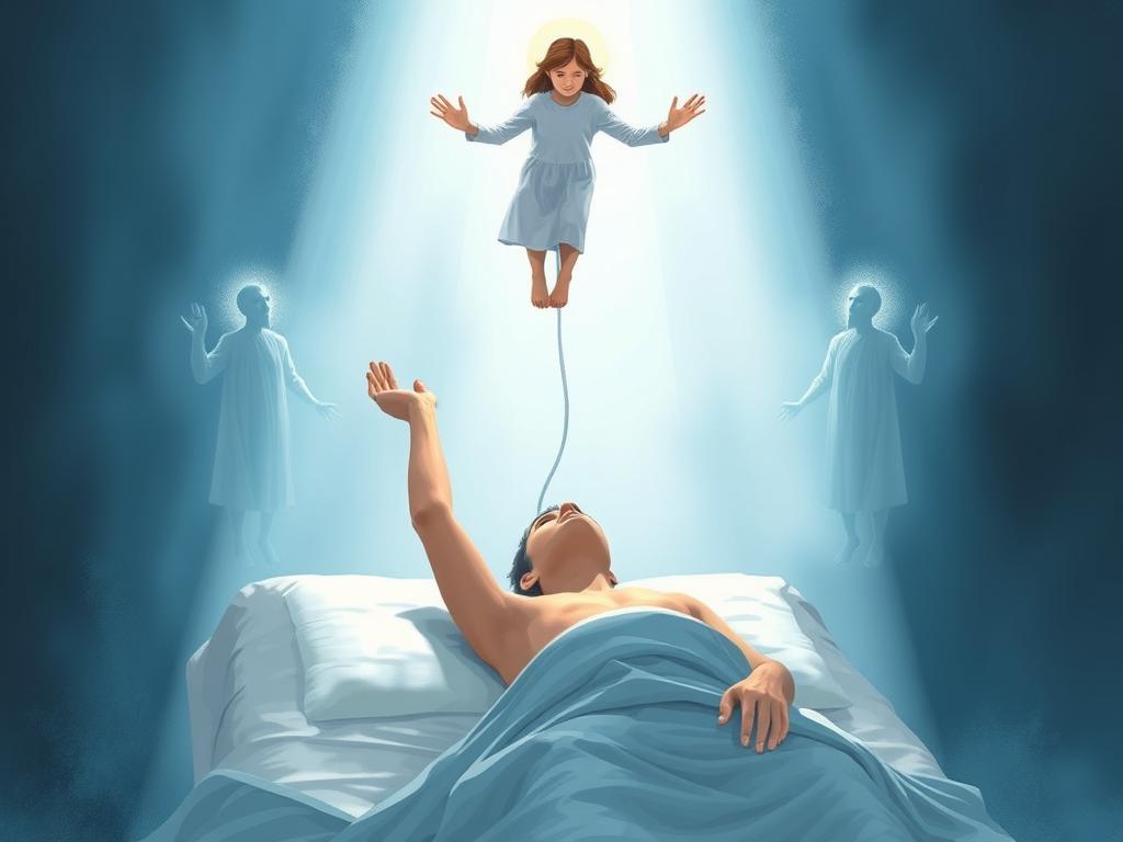 Person having a near-death experience with light beings visible in the background Person having a near-death experience with light beings visible in the background