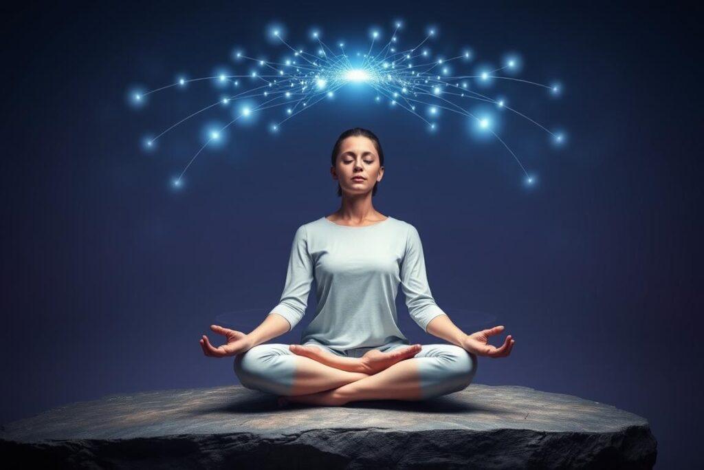 Person in deep meditation with visualization of connecting to the Ethereal Internet Person in deep meditation with visualization of connecting to the Ethereal Internet