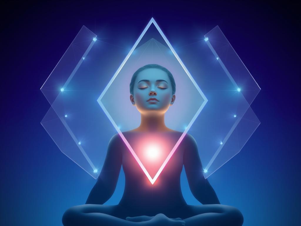 Person in meditation with diamond-like energy field surrounding them, representing Diamond Consciousness state Person in meditation with diamond-like energy field surrounding them, representing Diamond Consciousness state