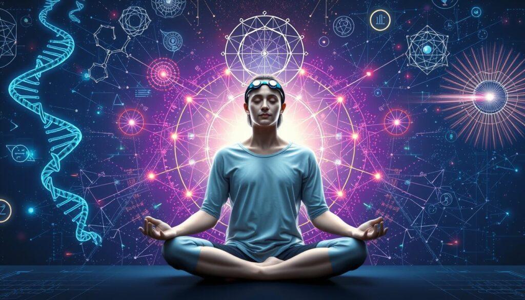 Person meditating with both technology and spiritual symbols, representing the bridge between science and metaphysics Person meditating with both technology and spiritual symbols, representing the bridge between science and metaphysics