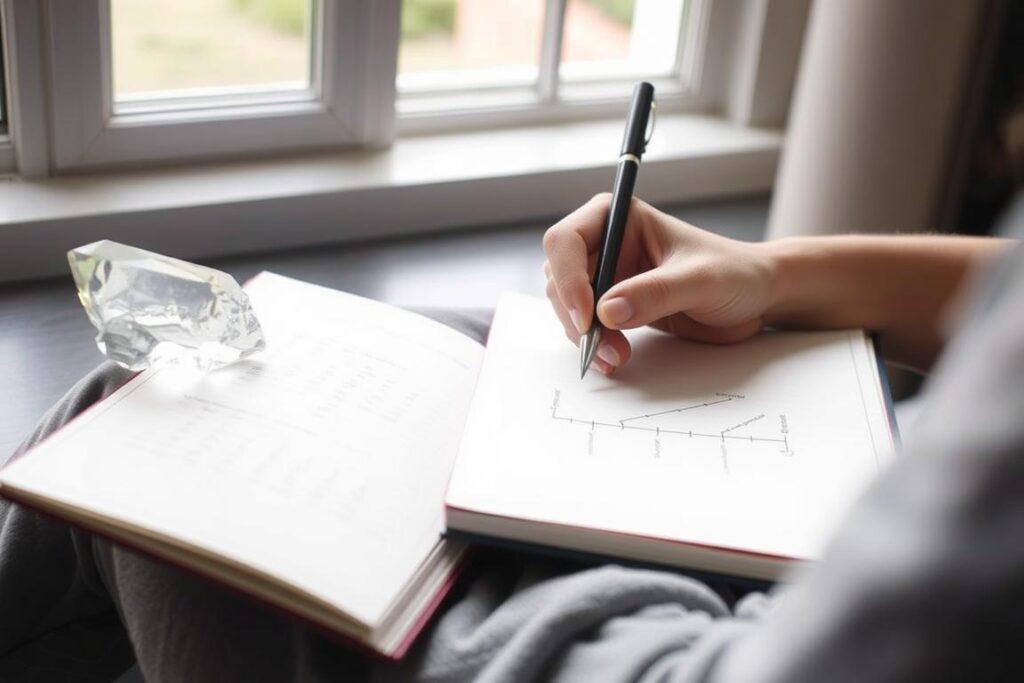Person setting intentions with journal and crystal, activating their Diamond Timeline Person setting intentions with journal and crystal, activating their Diamond Timeline