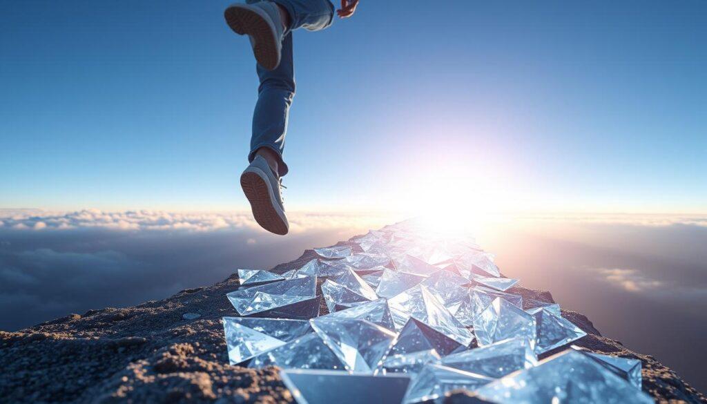 Person stepping confidently onto a crystalline path representing their Diamond Timeline Person stepping confidently onto a crystalline path representing their Diamond Timeline