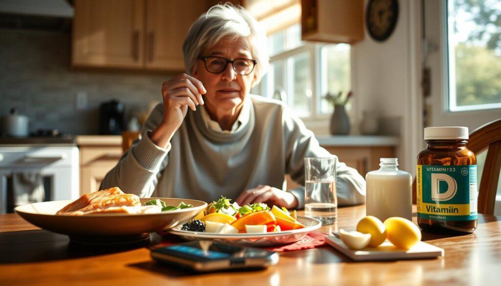 Person taking vitamin D supplement with healthy meal, symbolizing proactive approach to colorectal cancer prevention