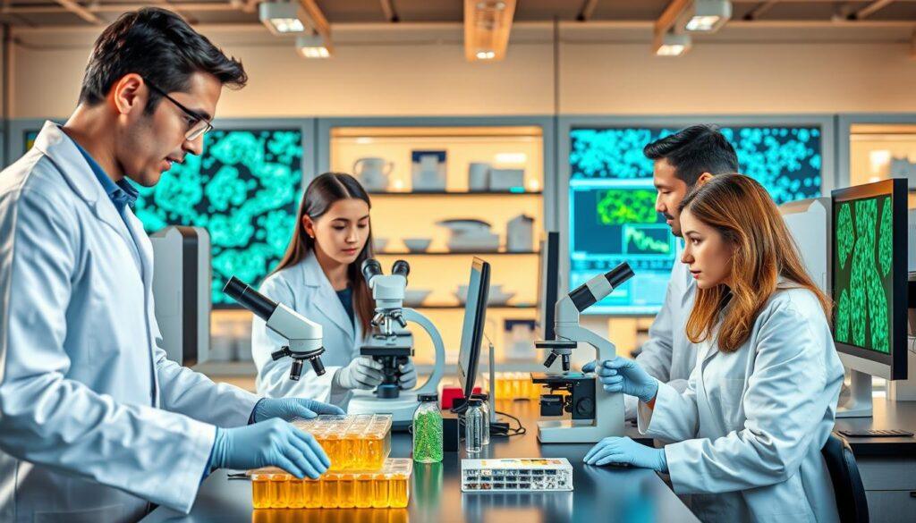 Scientists in a laboratory conducting research on vitamin D and cancer, examining cell cultures and analyzing data