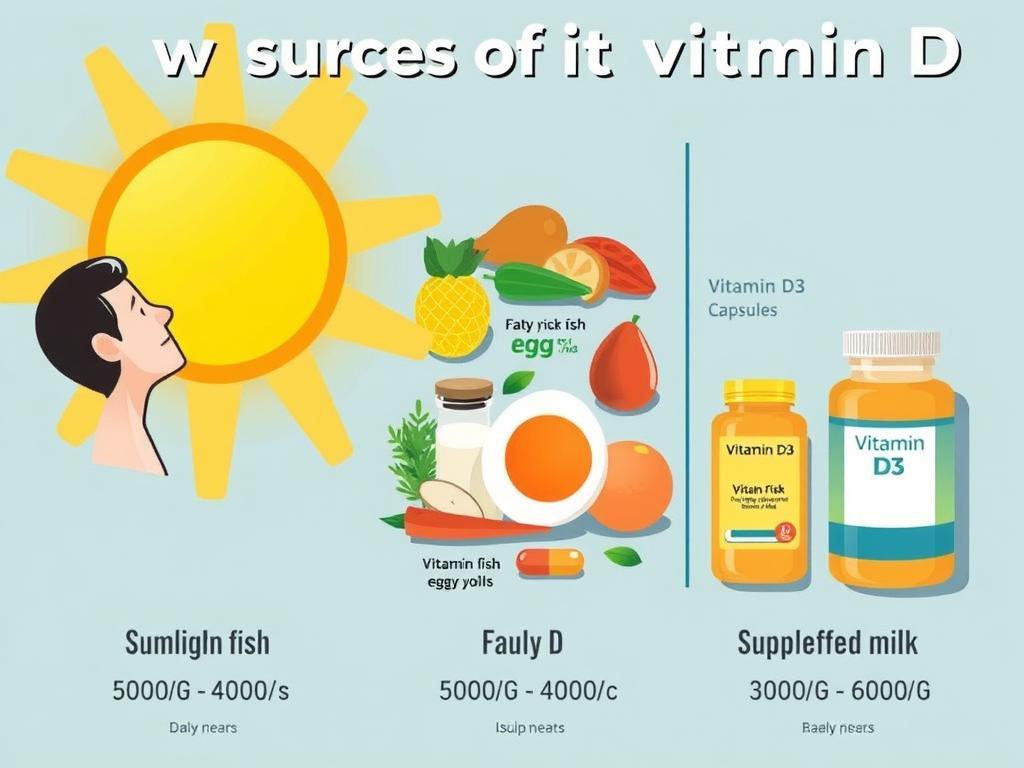 Visual representation of vitamin D sources including sunlight, food, and supplements with recommended daily intake amounts